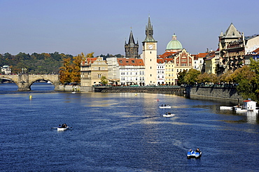 Vltava river, Charles Bridge, Smetana Museum in the former waterworks, Old Town Bridge Tower, water tower, dome of the Cross Church, Prague, Bohemia, Czech Republic, Europe