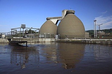 Modern sewage treatment plant, view over a recirculation basin on digester towers, Kulmbach, Bavaria, Germany, Europe