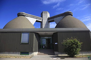 Modern sewage treatment plant, control buildings and digester towers, Kulmbach, Bavaria, Germany, Europe