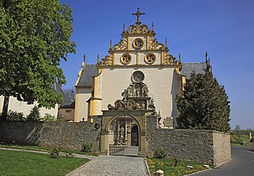 Monastery gate and church entrance of the Pilgrimage Church of Maria im Sand, Dettelbach, Kitzingen district, Lower Franconia, Bavaria, Germany, Europe