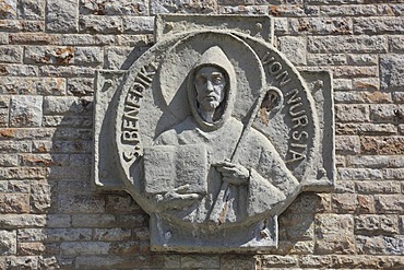 Benedict of Nursia, detail of Muensterschwarzach Benedictine Abbey in Schwarzach, district of Kitzingen, Lower Franconia, Bavaria, Germany, Europe