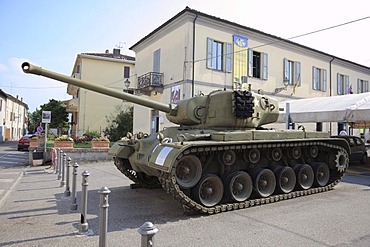 The famous tank from the Don Camillo movie in front of the Don Camillo and Peppone Museum in Brescello, Emilia Romagna, Italy, Europe