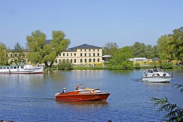 Boats on Lake Schwerin in front of the Marstall, Royal Stables, Schwerin, Mecklenburg-Western Pomerania, Germany