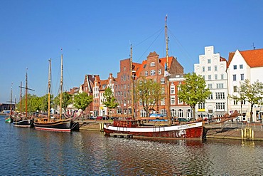 Sailboats on the Untertrave River, Luebeck, Schleswig-Holstein, Germany, Europe