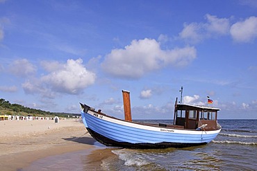 Fishing boat on the beach in Heringsdorf, Usedom island, Baltic Sea, Mecklenburg-Western Pomerania, Germany, Europe