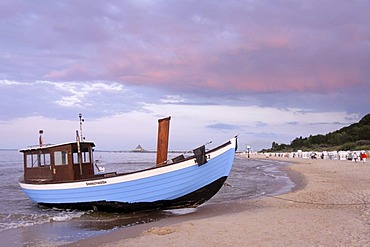 Fishing boat on the beach in Heringsdorf, Usedom island, Baltic Sea, Mecklenburg-Western Pomerania, Germany, Europe