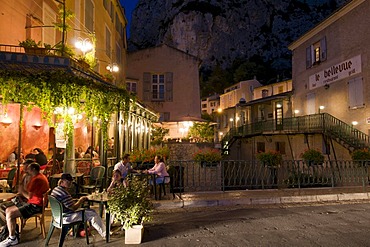 Place du Couvert at dusk, Moustiers-Sainte-Marie, Provence, France, Europe