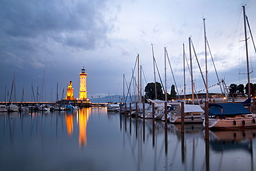 Port of Lindau on Lake Constance at twilight, Bavaria, Germany, Europe