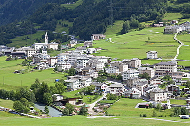 View on the small town of San Carlo out of the train of the Rhaetian Railway, Bernina Express, Engadin, Canton Grisons, Switzerland, Europe