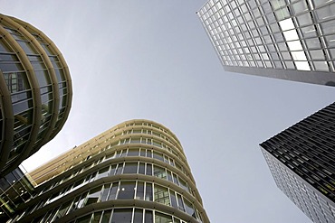 Round and square architecture, architecture styles in the Medienhafen media harbour, Duesseldorf, North Rhine-Westphalia, Germany, Europe