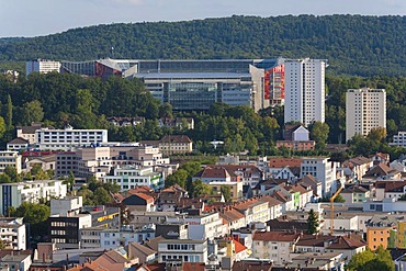 View over Kaiserslautern towards the Fritz-Walter-Stadion stadium on the Betzenberg hill, home to the 1. FC Kaiserslautern Bundesliga soccer club, Palatinate region, Rhineland-Palatinate, Germany, Europe