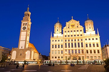 Rathausplatz square at night, Perlach Tower, Town Hall, Augsburg, Bavaria, Germany, Europe