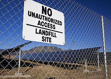 A solar photovoltaic facility, built on top of a former landfill at the U.S. Army's Fort Carson uses contaminated land to generate renewable energy and generates 3, 200 megawatt-hours of power every year, Colorado Springs, Colorado, USA