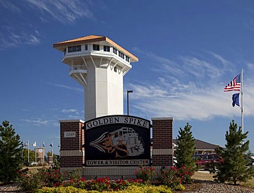 The Golden Spike Tower with observation deck and visitor center at Union Pacific Railroad's Bailey Yard, the largest rail yard in the world which handles 14, 000 rail cars every day, North Platte, Nebraska, USA