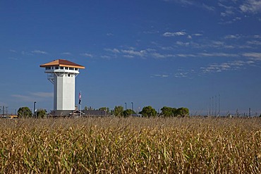 The Golden Spike Tower with observation deck and visitor center at Union Pacific Railroad's Bailey Yard, the largest rail yard in the world which handles 14, 000 rail cars every day, North Platte, Nebraska, USA