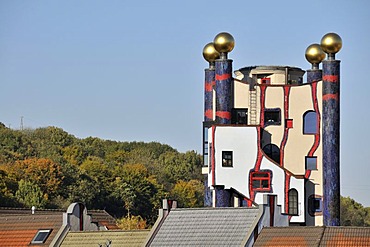 The 33 metre high Regenturm, Rain Tower, Hundertwasser House in Plochingen, Baden-Wuerttemberg, Germany, Europe