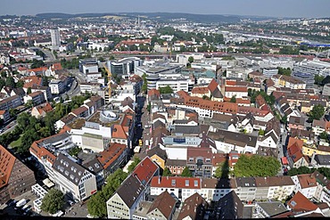 View from Ulm Minster along Hirschstrasse, the shopping district, towards the central railway station and the Weststadt district, Ulm, Baden-Wuerttemberg, Germany, Europe