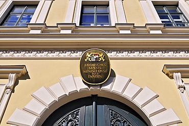 Sign, Bavarian Ministry of the Interior, Odeonsplatz square, Munich, Bavaria, Germany, Europe