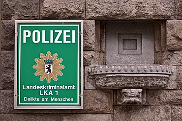 Sign, "Polizei, Landeskriminalamt LKA 1", German for "police, LKA 1 State Investigation Bureau", state police office, crimes involving human subjects, Berlin, Germany, Europe