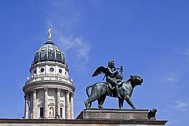 Statue of the genius of the music riding on a panther, on the roof of Konzerthaus Berlin, dome of French Cathedral at back, Gendarmenmarkt, Mitte district, Berlin, Germany, Europe