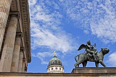 Statue, panther with the genius of the music on the Konzerthaus Berlin, dome of the French Cathedral at back, Gendarmenmarkt, Mitte district, Berlin, Germany, Europe