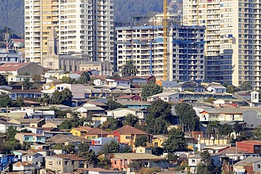 Hill, skyscrapers, houses, Valparaiso, Chile, South America
