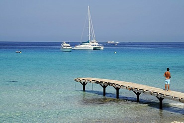 Sailboat, boat dock, pier, Mediterranean, Platja de Ses Illetes, La Savina, Formentera, Pityuses, Balearic Islands, Spain, Europe