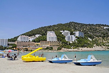 Boats, hotels, Cala Llonga, beach, Santa Eulalia des Riu, Ibiza, Pityuses, Balearic Islands, Spain, Europe