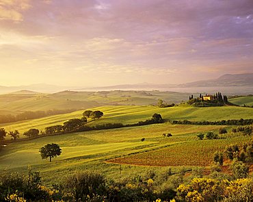 Sunrise in the Val d'Orcia, Tuscany, province of Siena, Italy, Europe