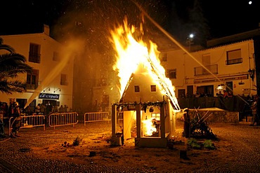 Burning little house, fire, clear, Fiesta de Sant Juan, Joan, festival, traditional event, tradition, custom, Altea, Costa Blanca, Alicante, Spain, Europe