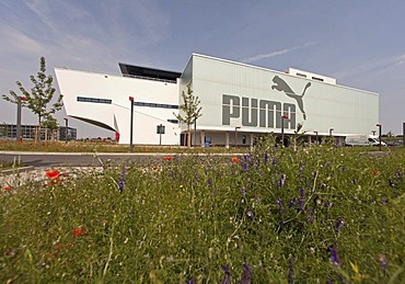 Company logo at the headquarters of the sports goods manufacturer PUMA AG, Herzogenaurach, Bavaria, Germany, Europe