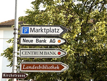 Signposts at the financial centre Vaduz, Principality of Liechtenstein, Europe