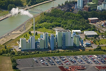 Aerial view, Innovatherm plant, Trianel coal power plant, Stadthafen harbour, Datteln-Hamm canal, Luenen, Ruhrgebiet area, North Rhine-Westphalia, Germany, Europe