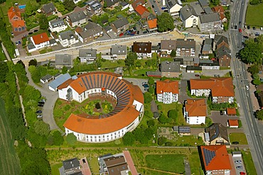 Aerial view, circular building, red roof, old people's home, Alt-Oer retirement home, Oer-Erkenschwick, Ruhrgebiet area, North Rhine-Westphalia, Germany, Europe