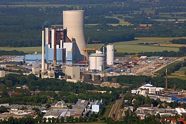 Aerial view, Datteln4 coal power plant of the EON energy corporation, building freeze, Dortmund-Ems canal, Recklinghausen, Ruhrgebiet area, North Rhine-Westphalia, Germany, Europe