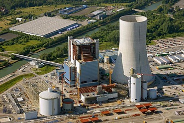 Aerial view, Datteln4 coal power plant of the EON energy corporation, building freeze, Dortmund-Ems canal, Recklinghausen, Ruhrgebiet area, North Rhine-Westphalia, Germany, Europe