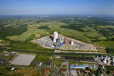 Aerial view, Datteln4 coal power plant of the EON energy corporation, building freeze, Dortmund-Ems canal, Recklinghausen, Ruhrgebiet area, North Rhine-Westphalia, Germany, Europe