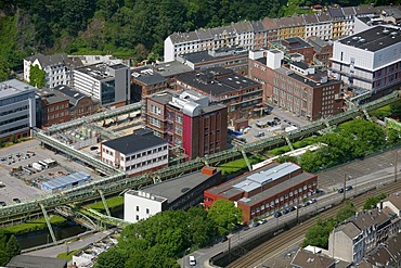 Aerial view, suspended monorail, Bayer Werk plant, Friedrich-Ebert-Strasse street, Selmaweg street, Bayer Schering Pharma AG, a German pharmaceutical company, Wuppertal, North Rhine-Westphalia, Germany, Europe