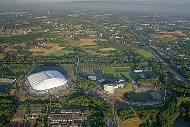 Aerial view, Schalkearena stadium, Arena auf Schalke stadium, Veltins-Arena stadium, stadium of a German Bundesliga club in the morning, Buer district, Gelsenkirchen, Ruhrgebiet area, North Rhine-Westphalia, Germany, Europe