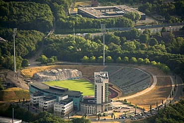 Aerial view, Buer district, Schalkearena stadium, Arena auf Schalke stadium, Veltins-Arena stadium, the former Parkstadion stadium being demolished, rehabilitation facility at the Parkstadion stadium in Gelsenkirchen, Gelsenkirchen, Ruhrgebiet area, North