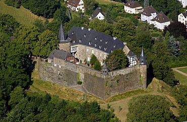 Aerial view, motte, renovated Schloss Hohenlimburg castle, Hagen, Ruhrgebiet area, North Rhine-Westphalia, Germany, Europe