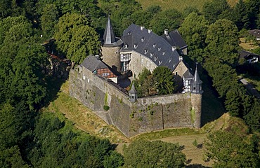 Aerial view, motte, renovated Schloss Hohenlimburg castle, Hagen, Ruhrgebiet area, North Rhine-Westphalia, Germany, Europe