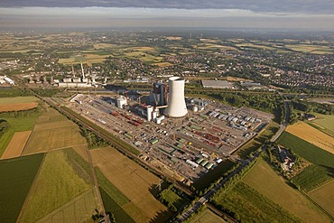 Aerial view, new construction of a power plant, building freeze, EON Datteln4 power plant, coal power station, Dortmund-Ems Canal, Datteln, Ruhrgebiet area, North Rhine-Westphalia, Germany, Europe