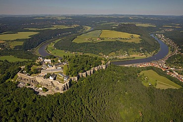 Aerial view, Koenigstein Fortress, Koenigstein, Elbtal valley, Elbe Sandstone Mountains, Saxon Switzerland district, Saxony, Germany, Europe