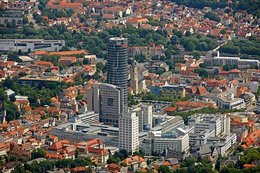 Aerial view, JenTower, Jenoptik plant, University of Jena, Stadtmitte district, Jena, Thuringia, Germany, Europe