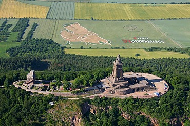 Aerial view, Kyffhaeuser Monument on Kyffhaeuser Mountain, at the rear, advertising in a field, Steinthaleben, Thuringia, Germany, Europe