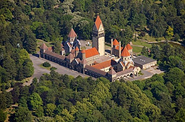 Aerial view, chapel complex with bell tower, Southern Cemetery, Leipzig, Saxony, Germany, Europe