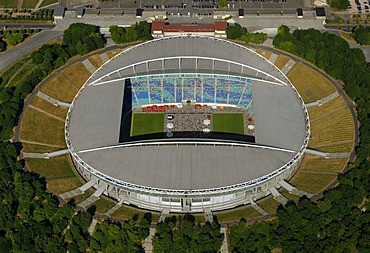 Aerial view, Zentralstadion stadium, Elsterbecken, public viewing at the stadium, Am Sportforum 3, Leipzig, Saxony, Germany, Europe