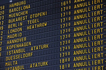 Arrival and departure board at airport, flying ban because of volcanic eruption, canceled flights