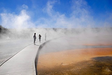 People on a cordwood bridgeway at the Grand Prismatic Spring, Midway Geyser Basin, Yellowstone National Park, Wyoming, USA